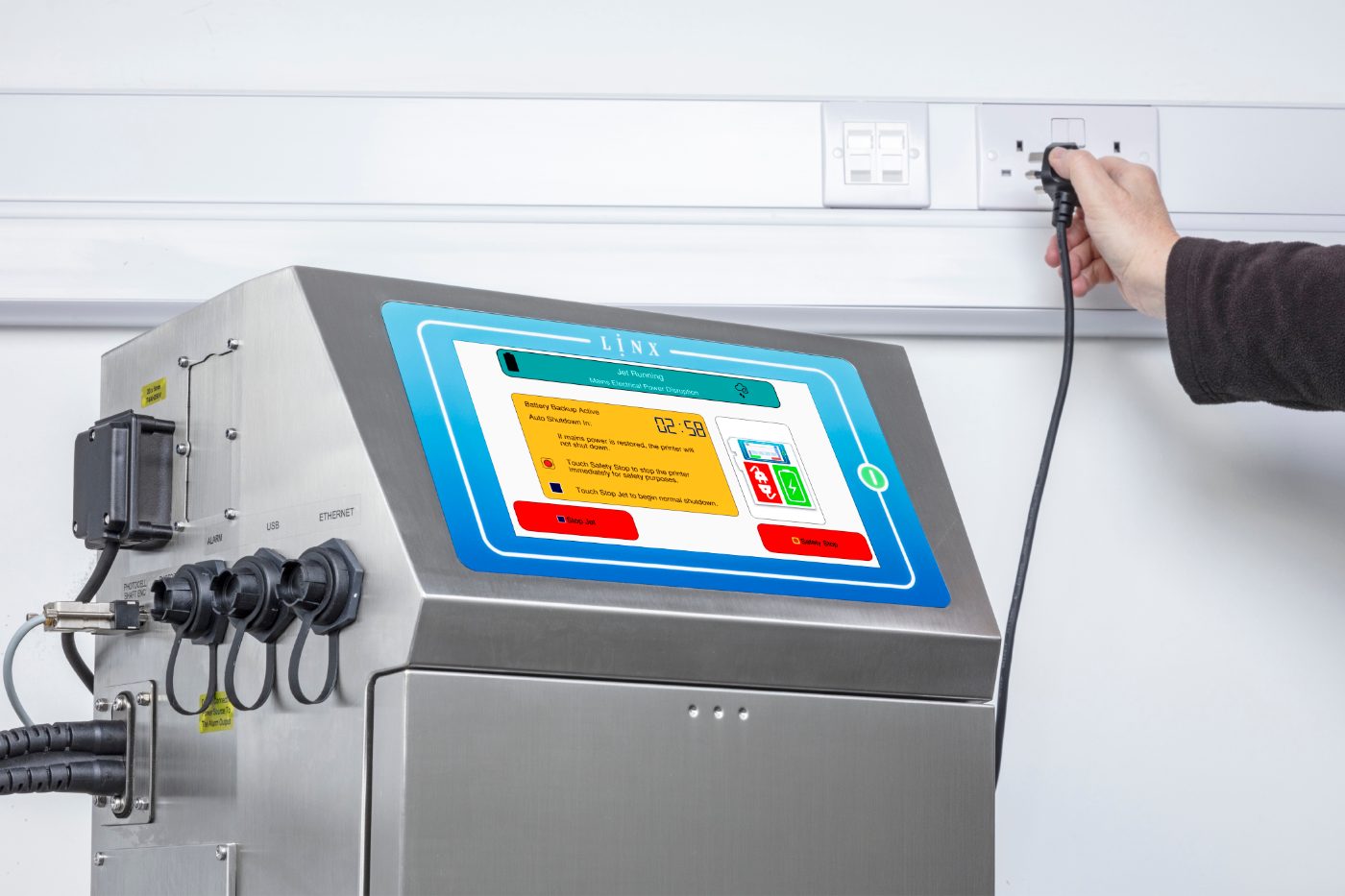 Linx 9000 Seriyası printerinin toxunma ekranı və qoşulma portları