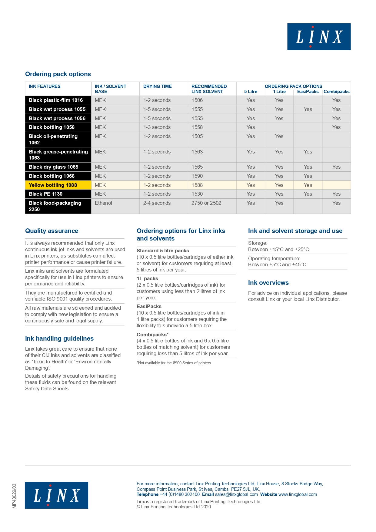 linx special adherence inks datasheet page 0001
